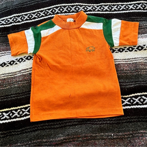 VINTAGE 70s ORANGE GREEN RHINO GRAPHIC T SHIRT SIZE 7 BOYS FLAWS - Picture 1 of 10